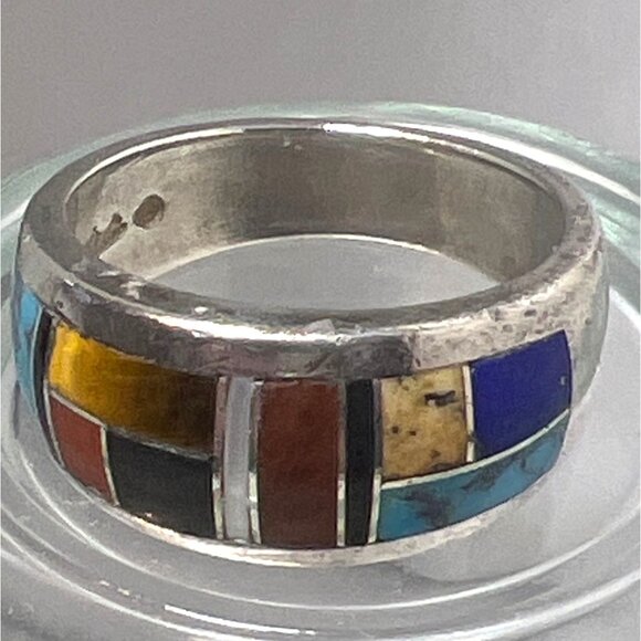 Southwest Sterling Silver Ring 9.5 Inlay Turquoise Lapis MOP Coral Mosaic Signed - Picture 9 of 11
